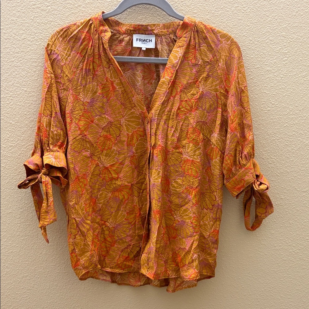 FRNCH Orange and Pink Floral Tie-Sleeve V-Neck Blouse